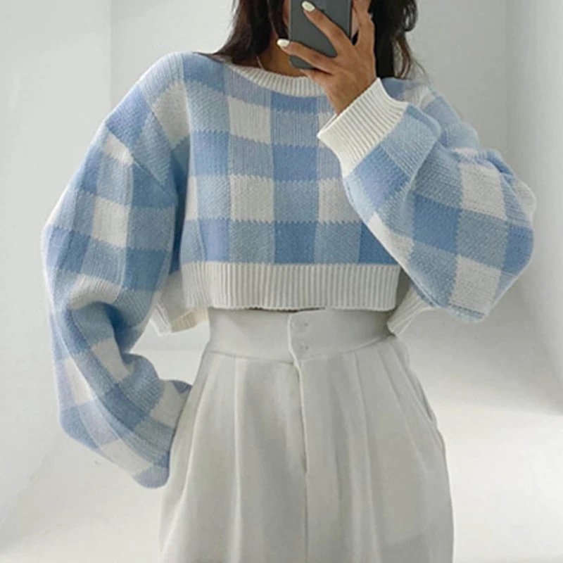 Pullovers Women Checkerboard Crop Knit Sweater Long Sleeve Crew Neck Box-fit Plaid Jumper Outfit