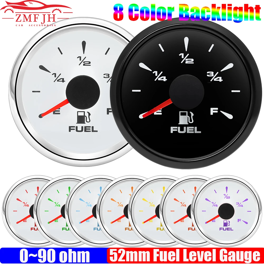 

0-90 Ом, 52 мм, датчик уровня топлива, 8 цветов, подсветка, поплавковый датчик уровня масляного бака из нержавеющей стали, автомобиль, лодка, морская яхта, 12 В, 24 В, на заказ
