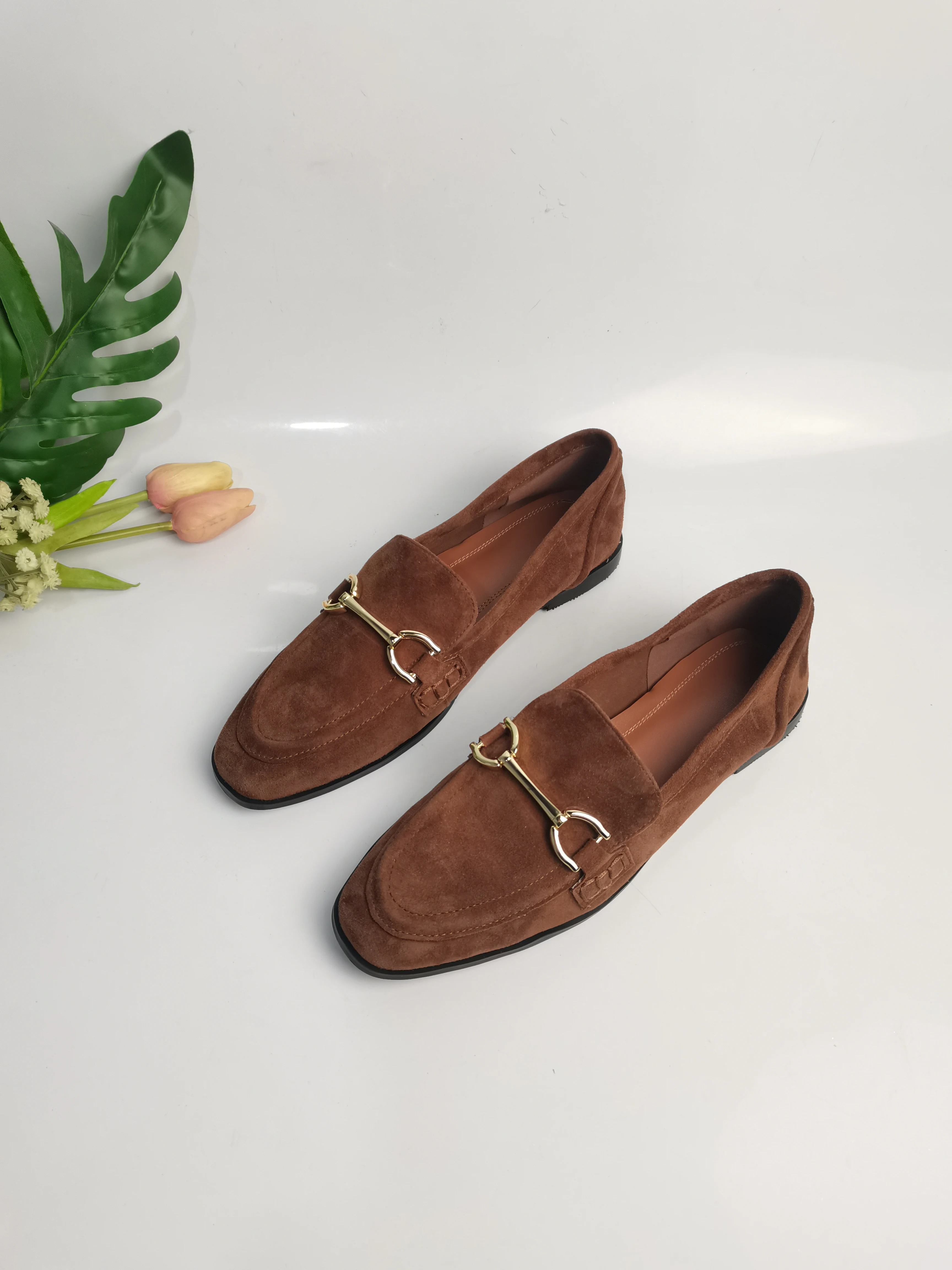 Meotina INS  ZA Women Loafers Shoes Genuine Leather Flat Shoes Round Toe Metal Decoration Ladies Footwear Spring Autumn Brown 43