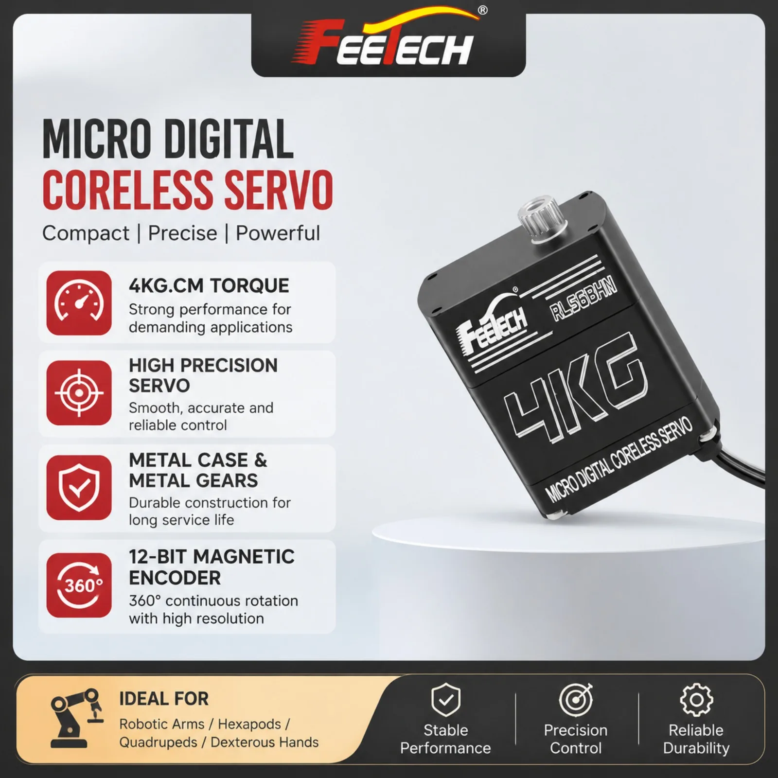 Feetech HL-3604-C001 Coreless Motor Servo 4.5KG Torque Serial Bus 360° Rotation Metal Shell for Robot Arm Development