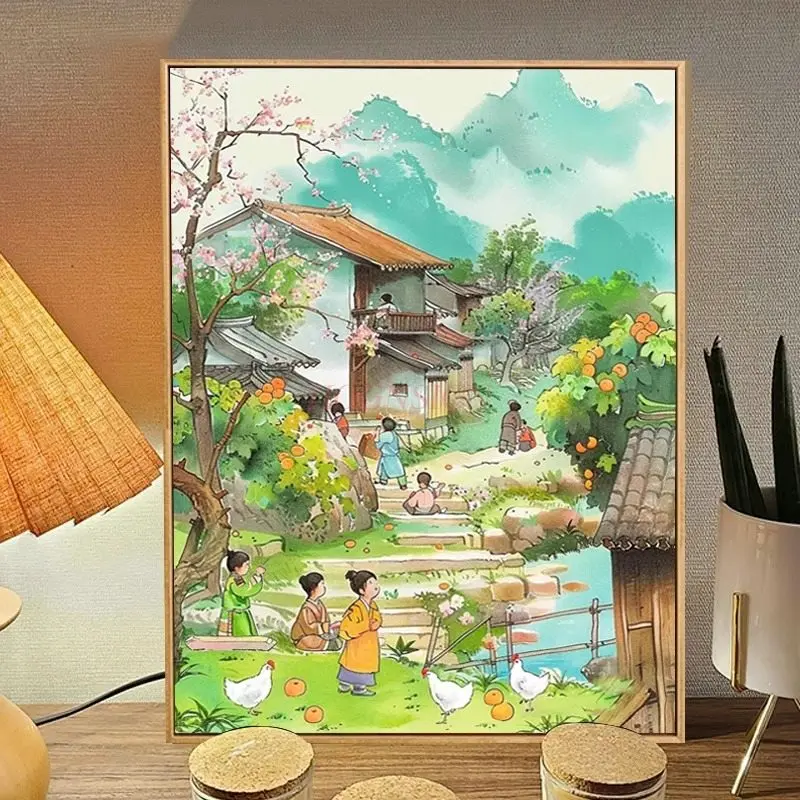 1set Rural Countryside DIY Digital Oil Painting Ancient Style Anime Characters Landscape Acrylic Painting