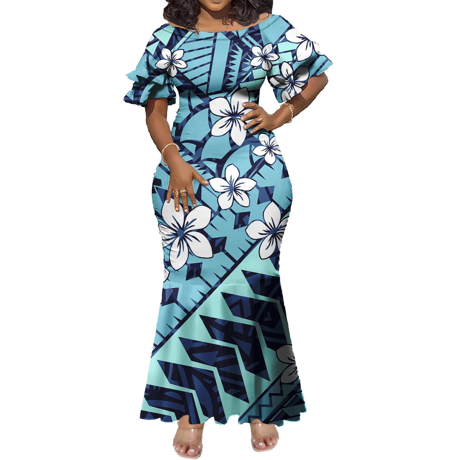 New Design Custom Tapa Pattern Print Polynesian Dresses Women Lady Elegant Big Size Short Sleeve Mermaid Hawaiian Dresses