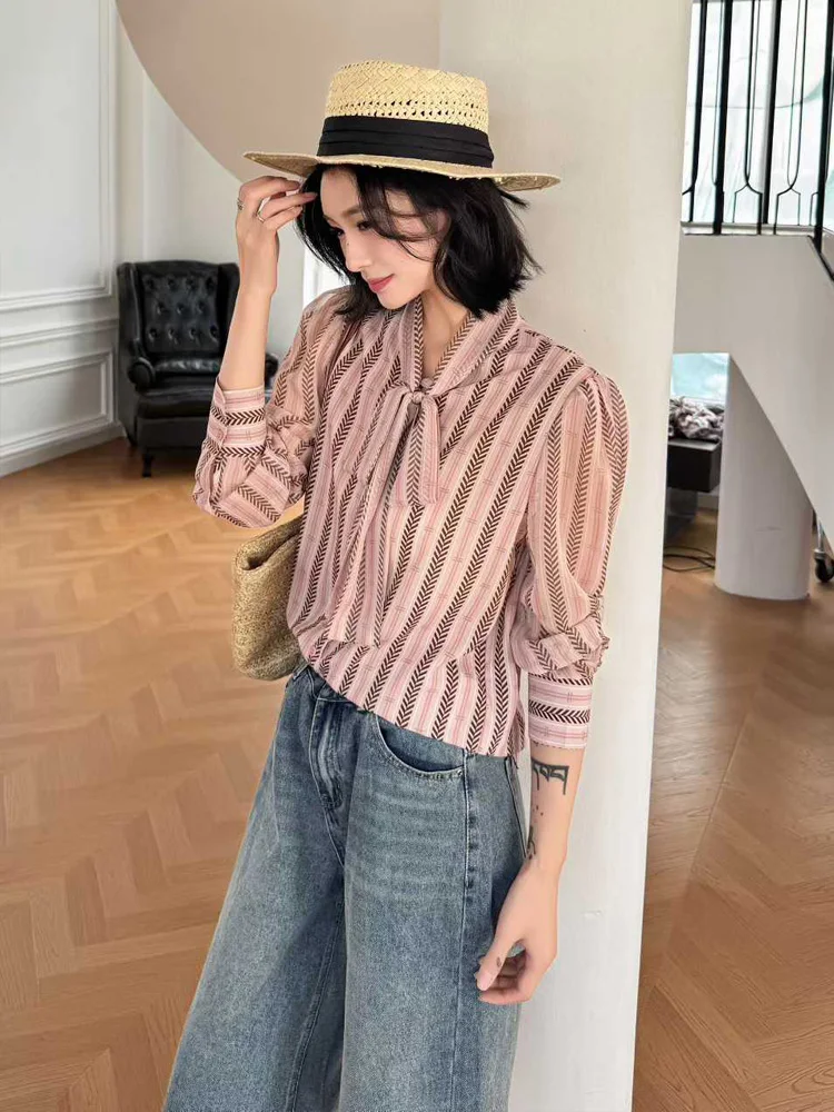 

Ele V-Ne Knot Printed irt Women's Faion Spring 2026 Chiffon Top Breathable Sunscreen Loose Fit French Sle