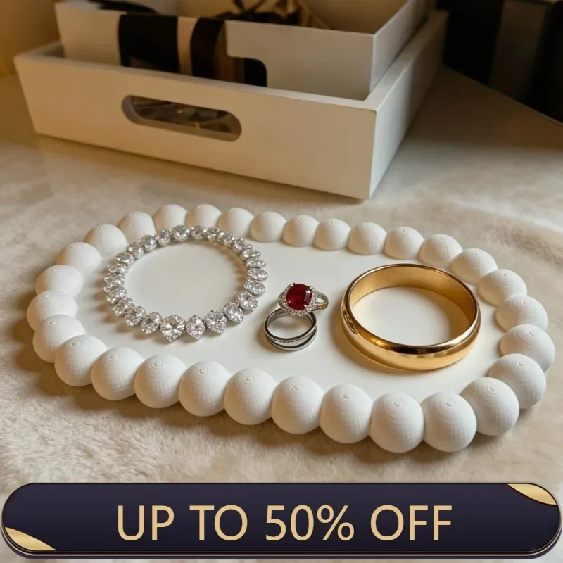 Trending White Beaded Decor Tray Jewelry & Ring Organizer Desktop Storage Tray with Artistic Aesthetic Home Decor