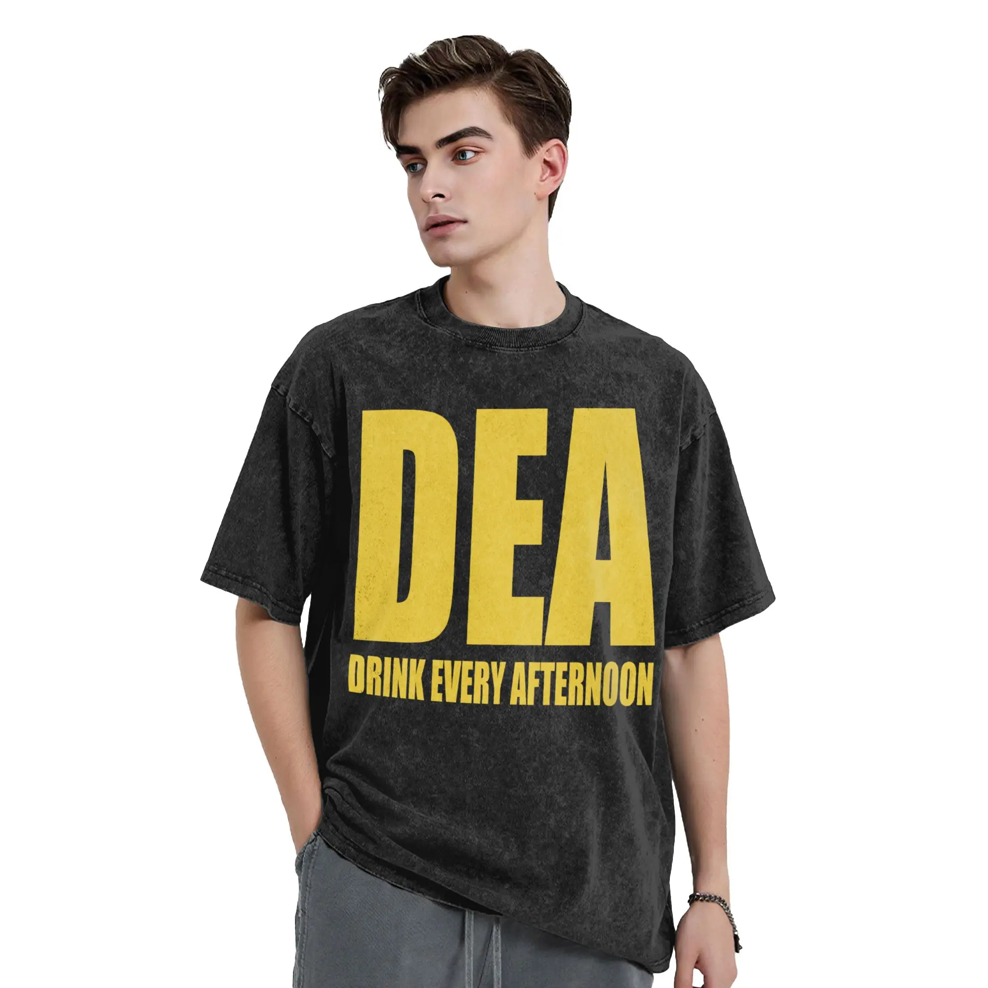 Washed T Shirts DEA Meme Drink Every Afternoon T-Shirt Oversize  Streetwear Short Sleeve Graphic Tops Tee Shirt for Men Women
