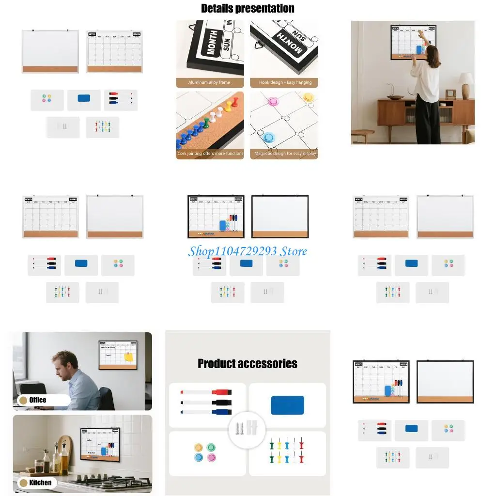 

Y2GD Double Surfaces Wall Mount Cork Bulletin Board And Erasable Whiteboard Featuring Monthly Calendar Aluminum Frame