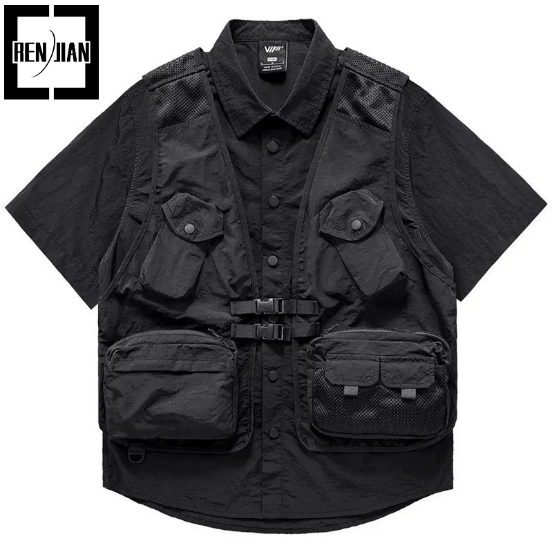 Men's Summer Techwear Cargo Shirts Fashion Designer Hi Street Tactical Shirt For Male Workwear Tops With Multi Pockets