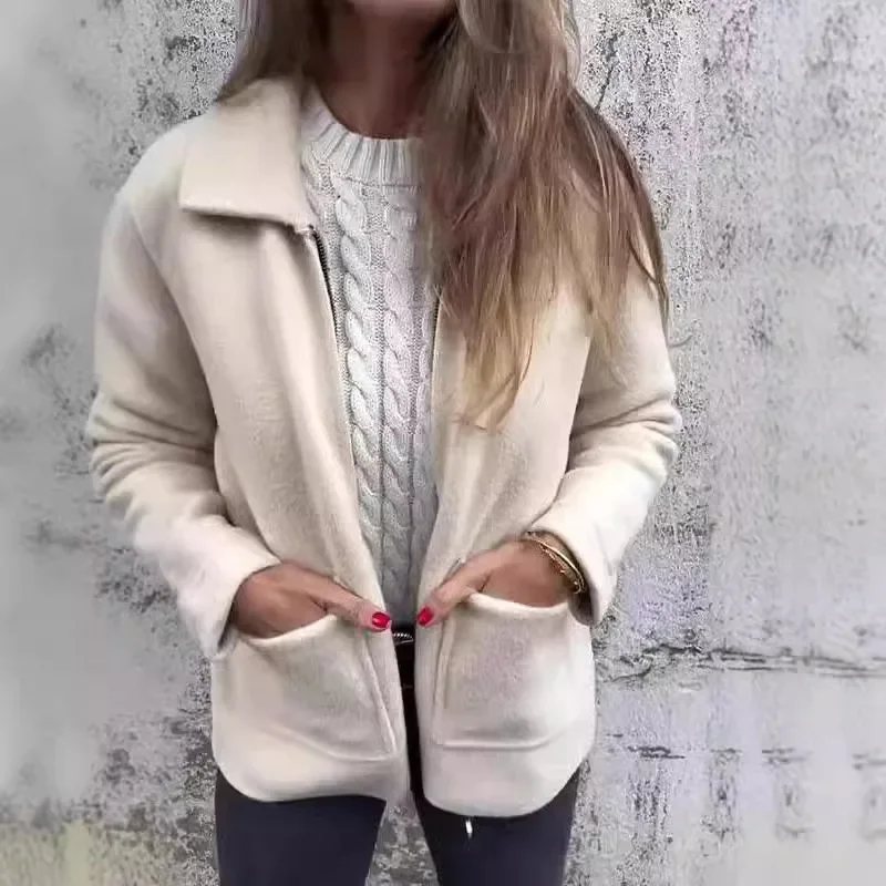 

2025 зимняя повседневная куртка со свободным воротником для женщин, модная женская куртка с карманами на молнии, однотонная