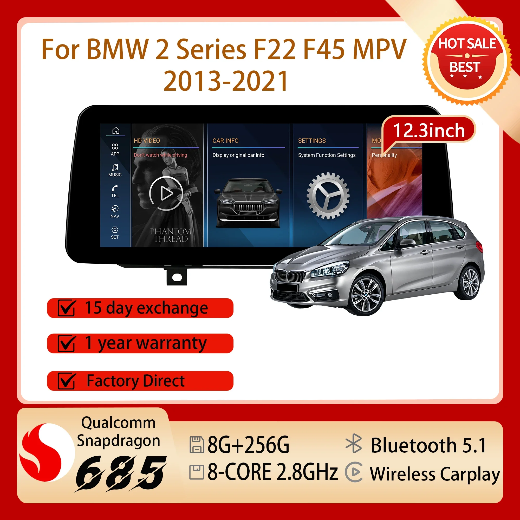 12.3'' Car Radio Multimedia Android 14 For BMW 2 Series F22 F45 MPV 2013-2021 GPS Navigation Carplay Touch Screen Snapdragon 685