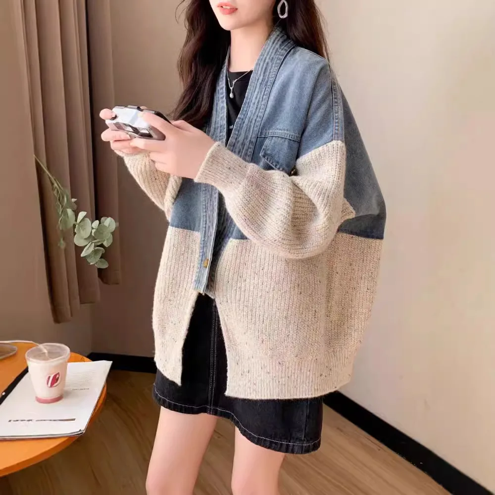 

Cardigan Women Coats Sweaters Mid Length Coat Full Sleeve Y2k Streetwear Elegant Splice Denim Open Stith Autumn Winter 2025