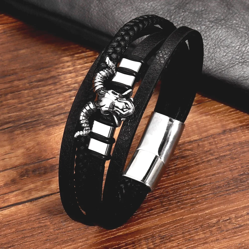 New Vintage Leather Woven Rope Bracelet Titanium Steel Sheep's Head Magnetic Buckle Men's Bracelet Fashion Jewelry Wholesale