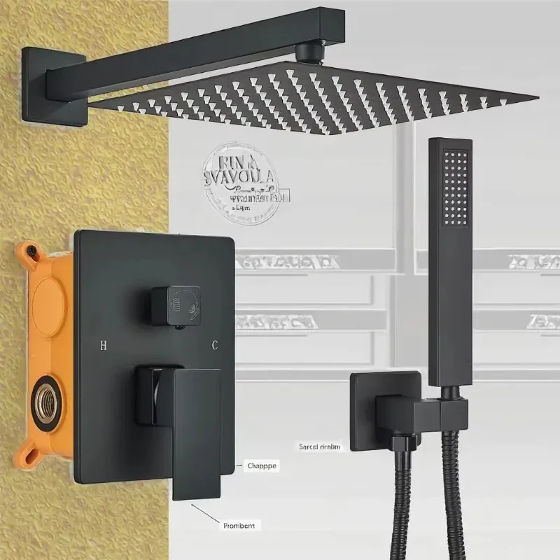 New Modern Brass Black Wall-Mounted Embedded Shower Set Single Handle Thermostatic Rain Spray Pattern Square Shower Head Ceramic