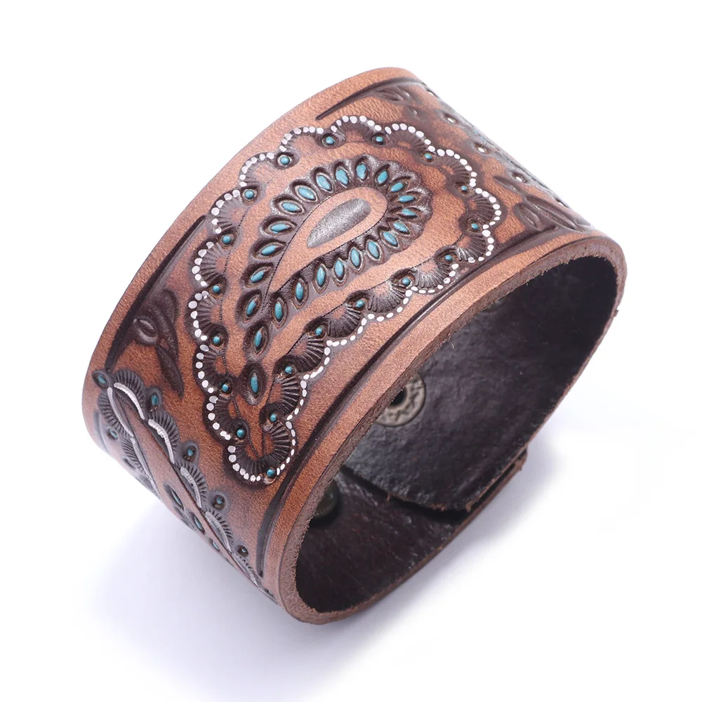 Kirykle Men Brown Black Vintage Genuine Leather Bangles Wide Leather Bracelet For Women Bracelet Cell Shape Punk Charm Jewelry