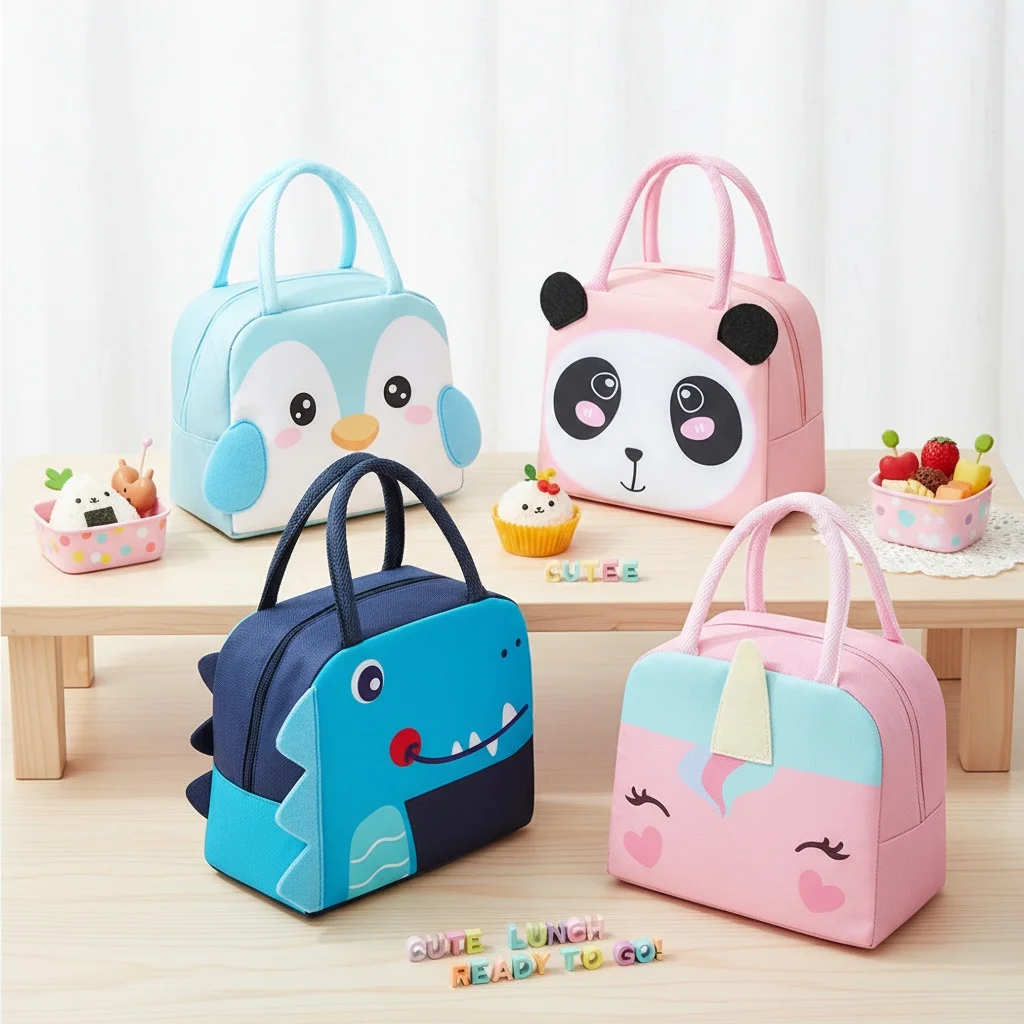 Insulated Thermal Lunch Bag with Aluminum Foil Leakproof Layer - Cute Cartoon Pets Bento Box Carrier for Children, School Meal P
