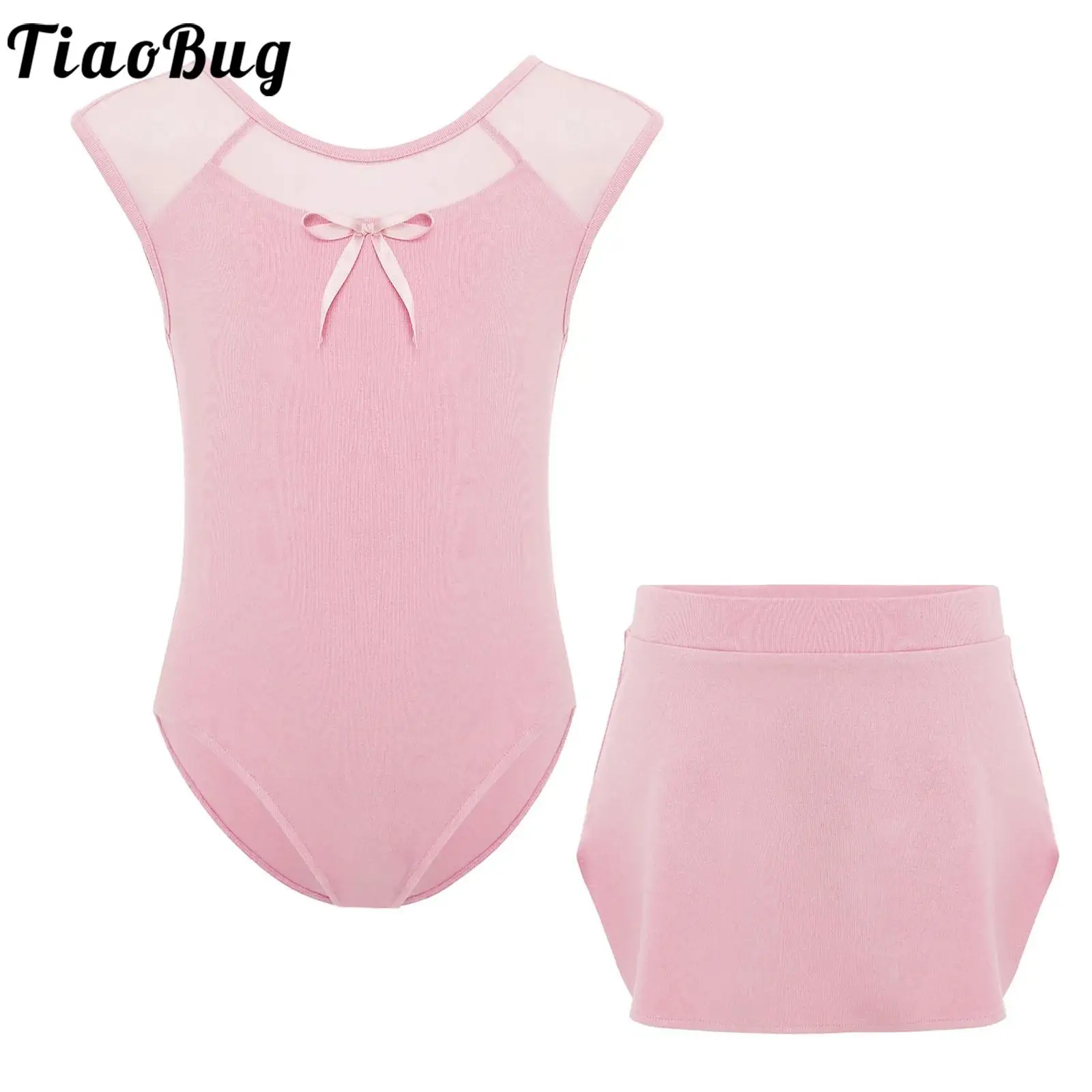 여아용 발레 레오타드 스커트 세트 무용용 민소매 체조복 시어 메쉬 패치워크 전문 발레 의상