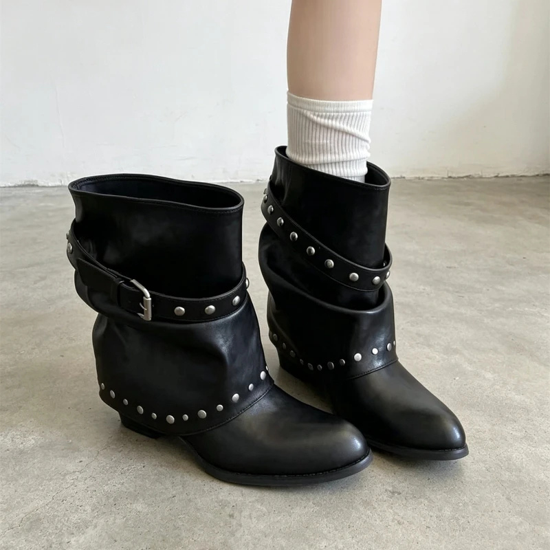 Vintage Trouser Legs Rivet Buckle Strap Women Short Boots Fashion Slip On Thick Heel Western Cowboy Booties Zapatos De Mujer