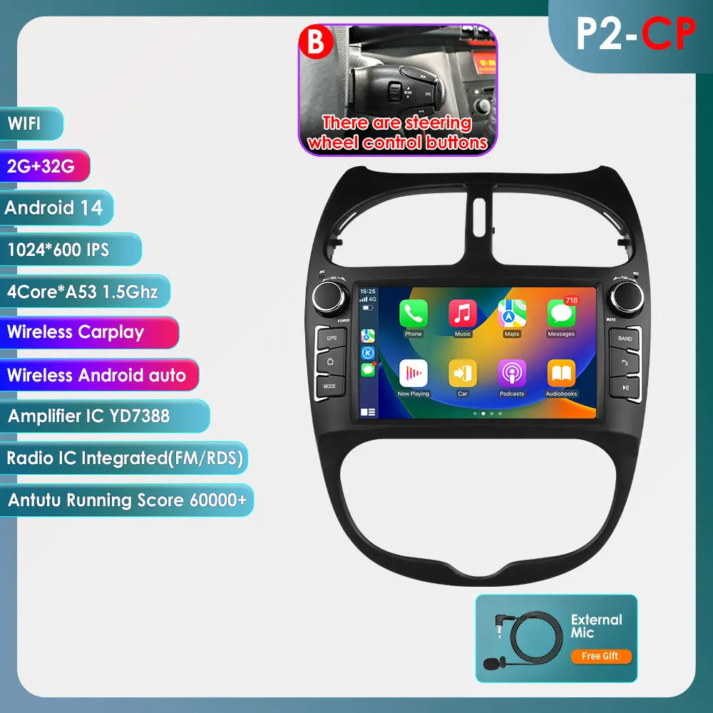 Voor Peugeot 206 2001-2008 Autoradio Multimedia Video Player Navigatie GPS 4G Carplay Android 14 AutoRadio stereo 7 ''Hoofd Unit