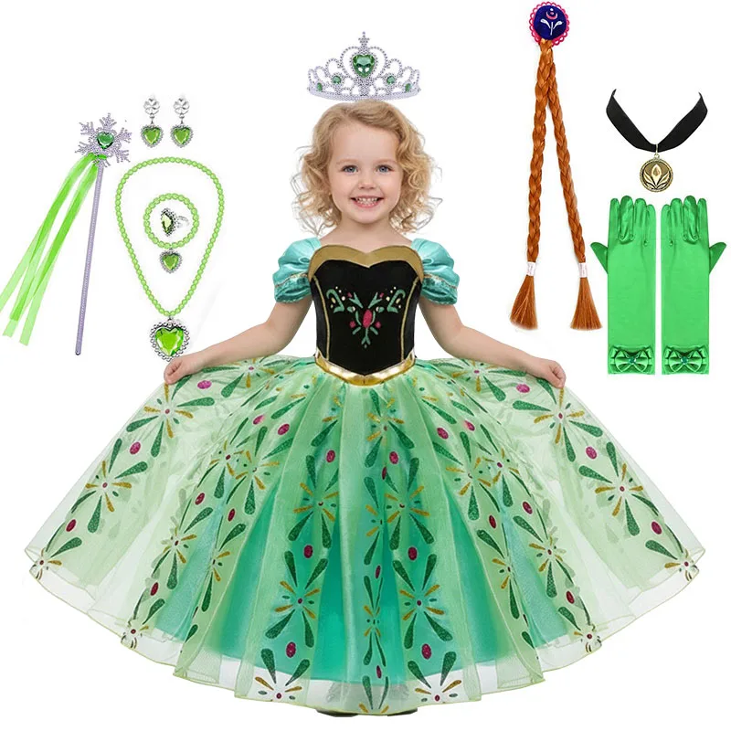 Green Anna Dress Birthday Party Costume Children Frozen Princess Party Gown Kids Snowflake Frock Carnival Mesh Outfits Ball Gown