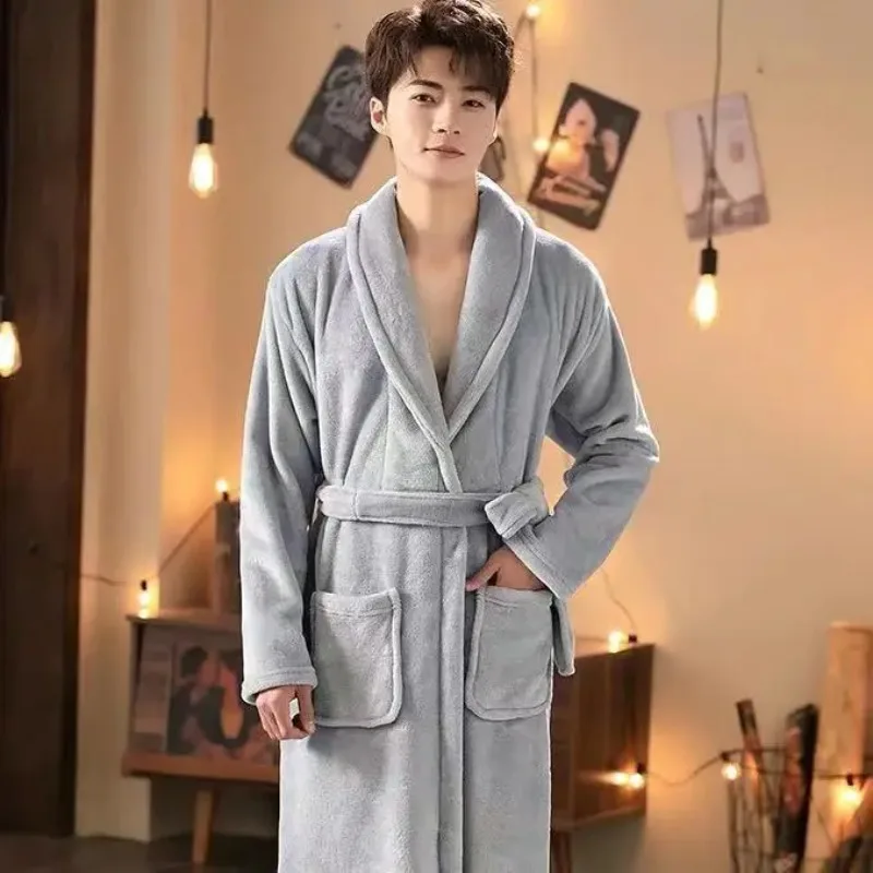 Belt Robe for Men Sleepwear Bathrobe Winter Night Wears Warm Fleece Pajama Solid One Piece Nightgown Pocket Homewear 2025 New