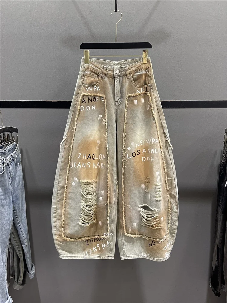 

Retro Graffiti Distressed Wide Leg Denim Jeans Women's Casual Loose Fit Knife Pants Summer High Waist Zipper Fly