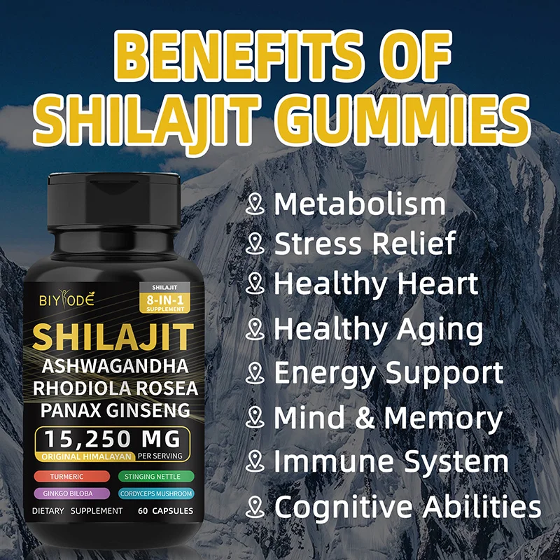 100% High Purity Shilajit Mineral Supplement, Eight Natural Ingredients, Ashwagandha, Ginseng, Turmeric, Rhodiola Rosea