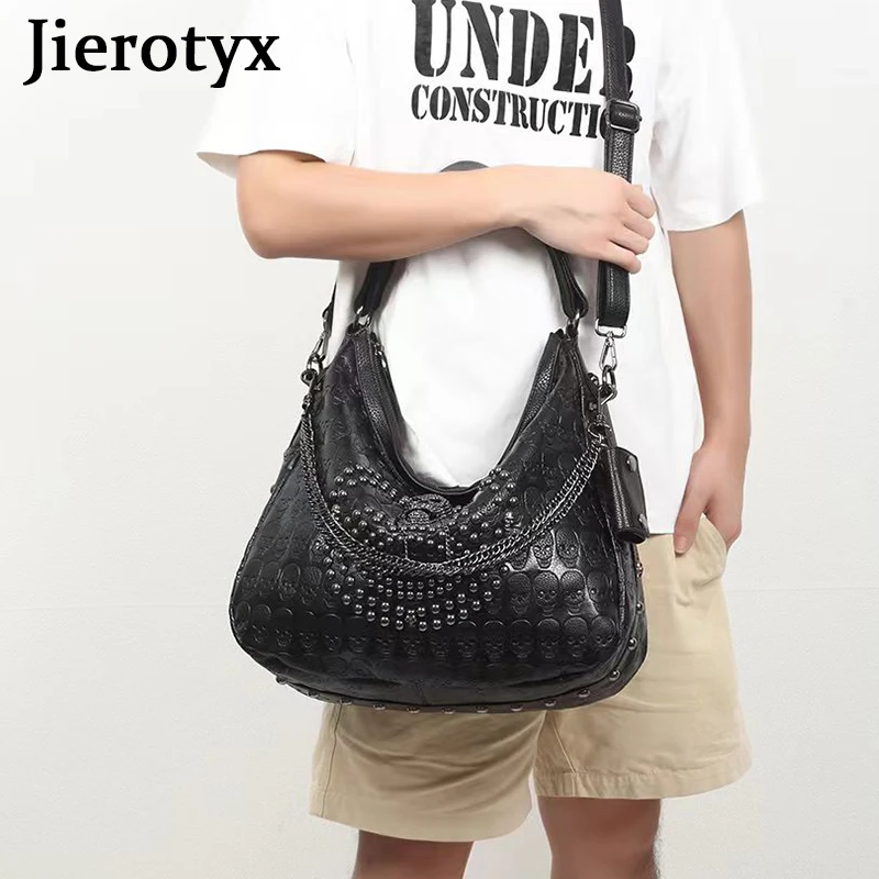 Jierotyx-女性の頭蓋骨の形をしたハンドバッグ,大容量のゴシックショルダーバッグ,楕円形のリベット,コンサートチェーン付きのトートバッグ