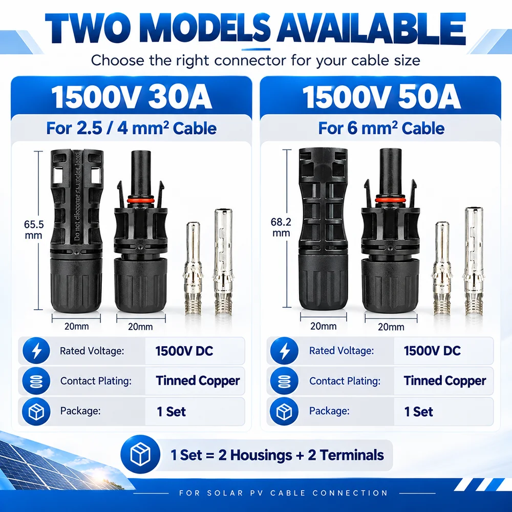 MC4 Type Solar PV Connector 1500V DC 30A 50A Male Female Pair Tinned Copper Contacts 1/5/10 Sets
