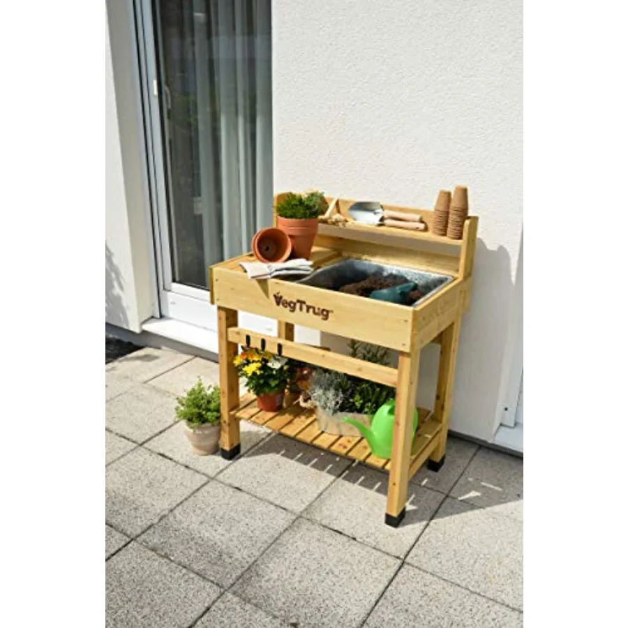 Deluxe Cedar Potting Bench, Natural - Outdoor Workstation with Removable Metal Tray, Built-in Shelves and Storage for Gardening