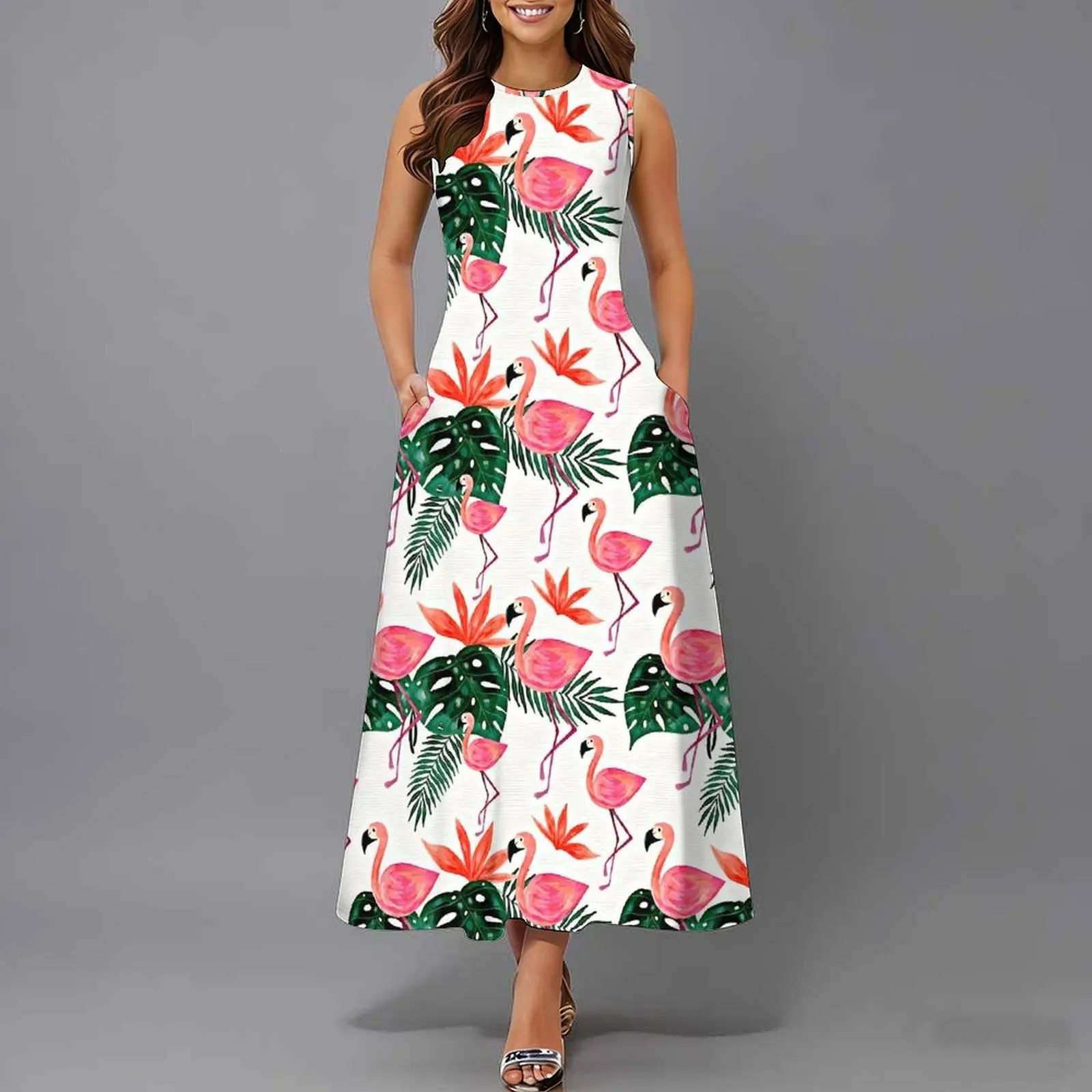 Women Sleeveless Long Maxi Dress With Pockets 3D Oil Painting Print Casual Loose Summer Vacation Party Sundress