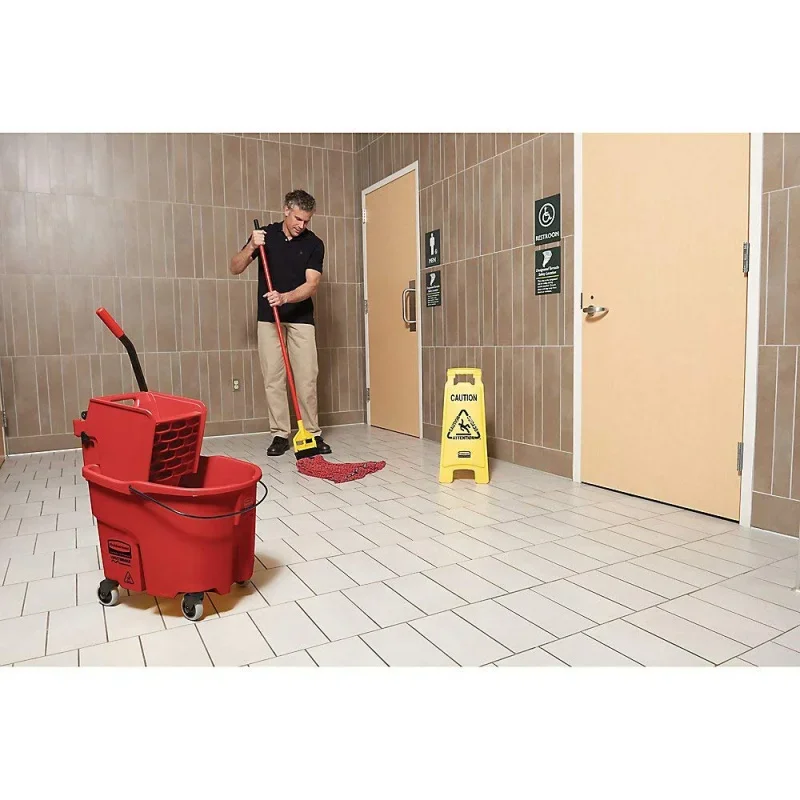 Commercial WaveBrake 35 QT Side-Press Mop Bucket and Wringer Combo on Wheels, Red, Heavy-Duty Floor Cleaning