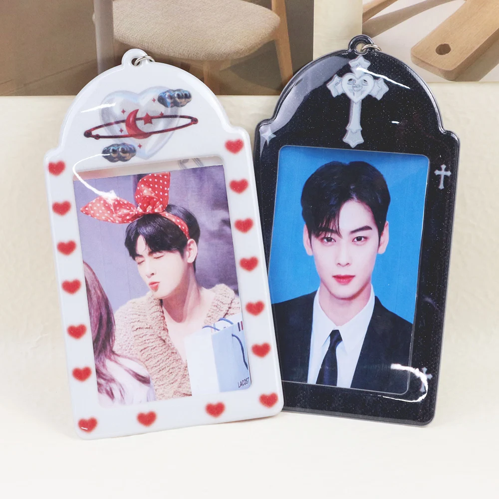 Korean Trendy 3 Inch Photocard Holder Heart Bowknot Korea Idol Photo Card Holder Student ID/Bus Card Case Keychain Photo Sleeves