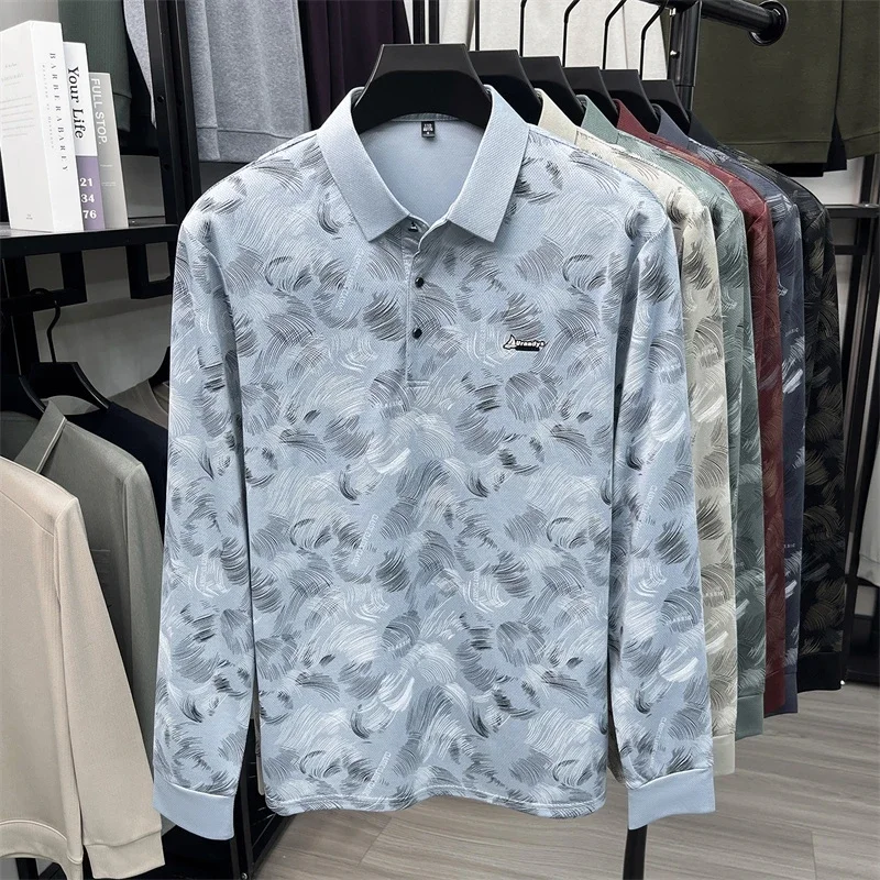 Mens Abstract Leaf Pattern Long Sleeve Polo Shirt Turn Down Collar Front Breathable Smooth Fabric Daily Casual Tops For Men