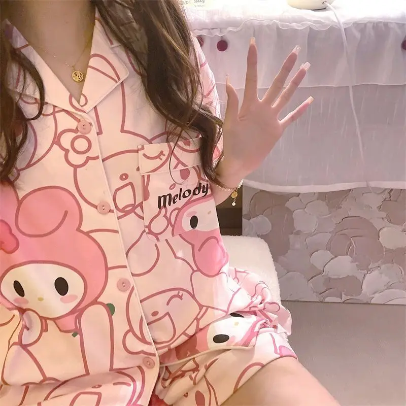 Sanrio Kawaii Girl Short Sleeve Pajamas Kuromi My Melody Cinnamoroll Female Summer Cute Casual Nightshirt Women Home Wear Suit