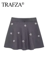 TRAFZA Summer Woman Fashion Casual High Waist Skirt Women Jewelry Decorate Grey Elastic Waist Knitted Slim Mini Skirt Mujer