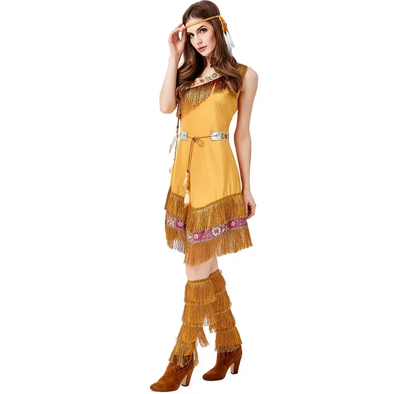 Halloween Native Indians Princess Goddess Cosplay Costume Tassel Indian Tribal Stage Performance Dance Dress