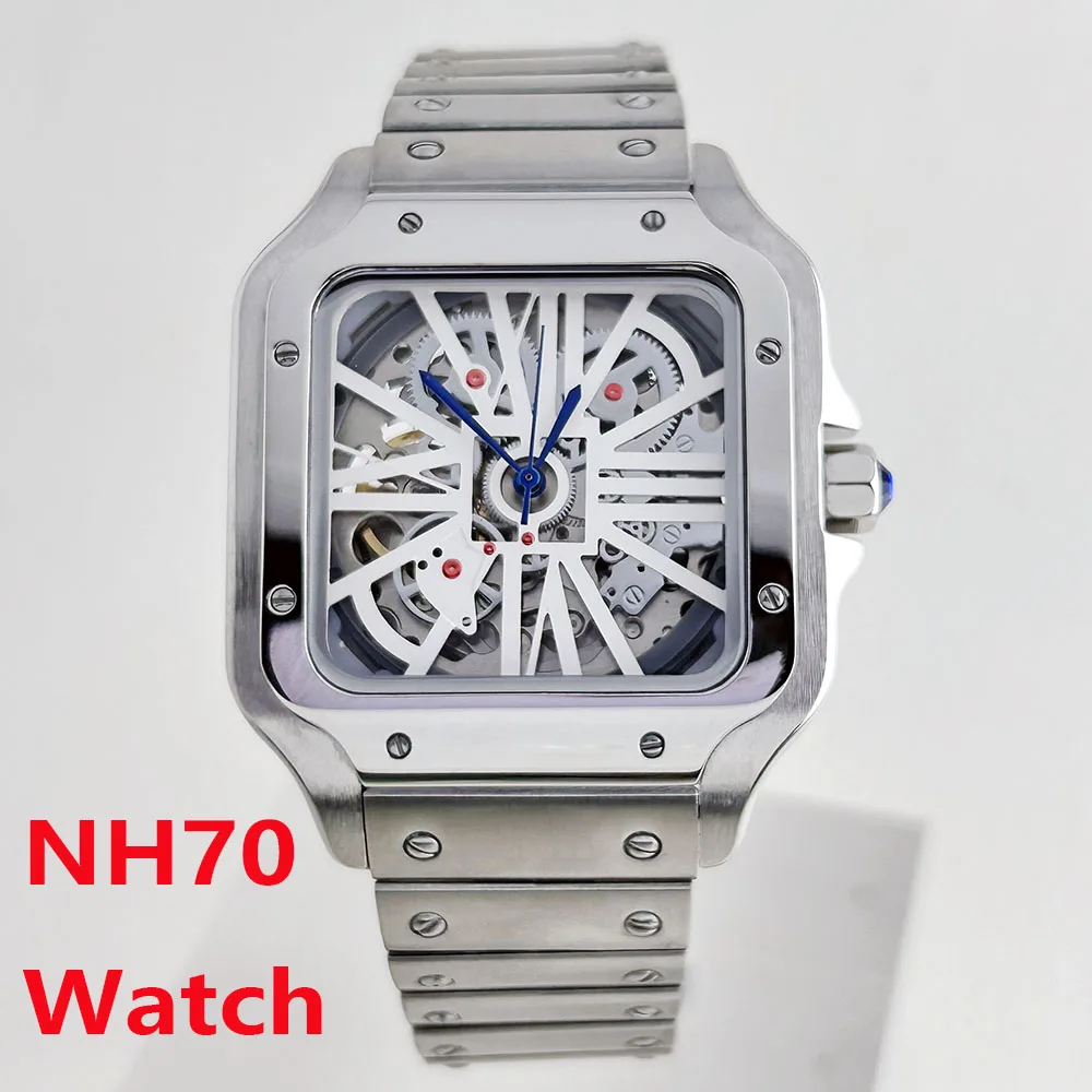 NH70 Watch Square Dial Hollowed out Roma Dial Watch Case Folding Buckle Square Case fit NH70 movement Men's Watch