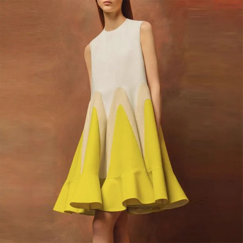 Elegancka sukienka mini w kontrastowych kolorach z falbankami, damska, codzienna, w stylu bohemy, bez rękawów, w kształcie litery A, na studniówkę, wiosenna, luźna, na wakacje.