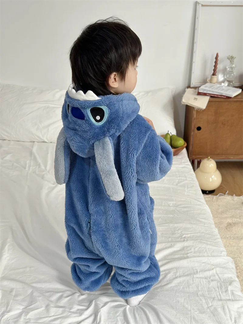 Miniso Anime Zipper Design Stitch Cartoon Male And Female Onesies One-piece Pajamas Warm Soft Thicken Nightgown