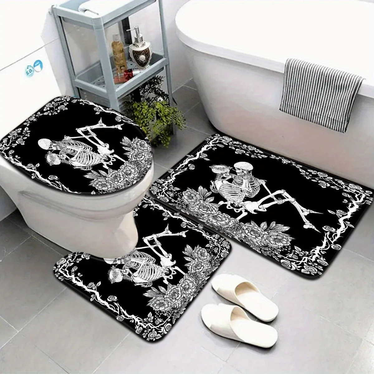 Gothic Skeleton Bathroom Set - Soft & Non-slip Contour Mat, Toilet Cover, and Bathtub Mat for Unique Home Decor