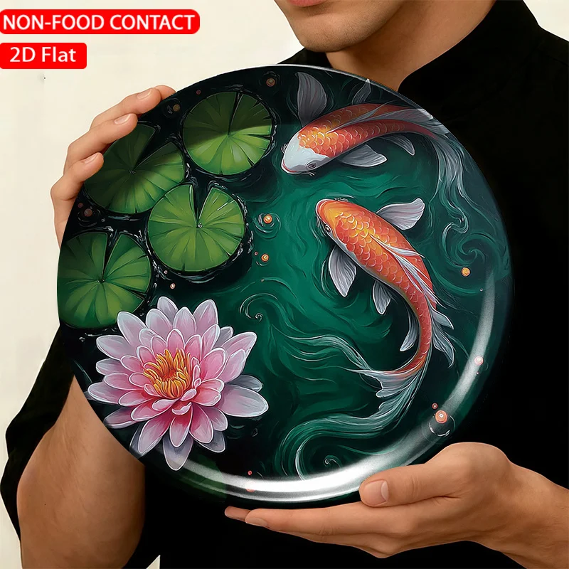 1pc FORJN Ceramic Decorative Plate with Green Lily & Pink Flower Fish Wall/Table Decor - Round Suitable, Living Room, Bedroom,