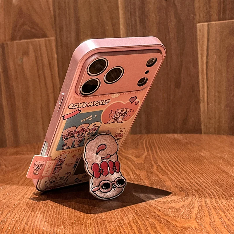 الكورية لطيف الوردي أرنب قضية الهاتف آيفون 17 برو 16 15 14 برو ماكس غطاء مع حامل حامل للصدمات واقية ل Gi