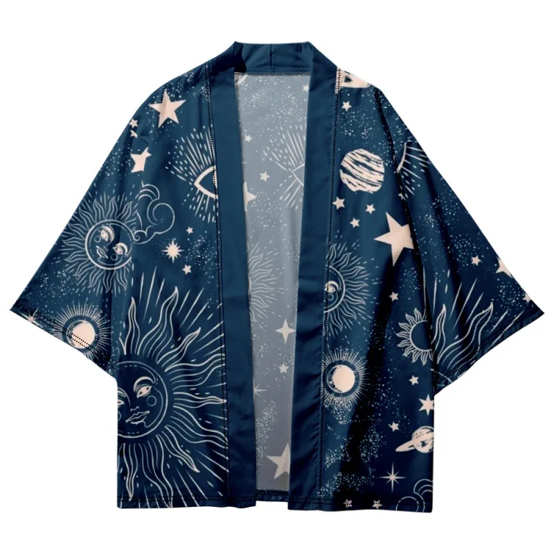 Summer Casual Cartoon Sun Moon Star Printed Kimono Beach Shorts Cardigan Couple Women Men Haori Yukata Streetwear