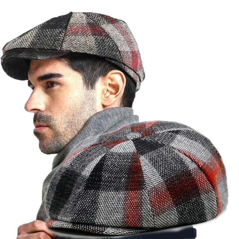 2024 Spring Autumn and Winter Newsboy Caps Men Women Plaid Pattern Wool Beret Dad Felt Ivy Cap Man Big Size Octagonal Hat M L XL