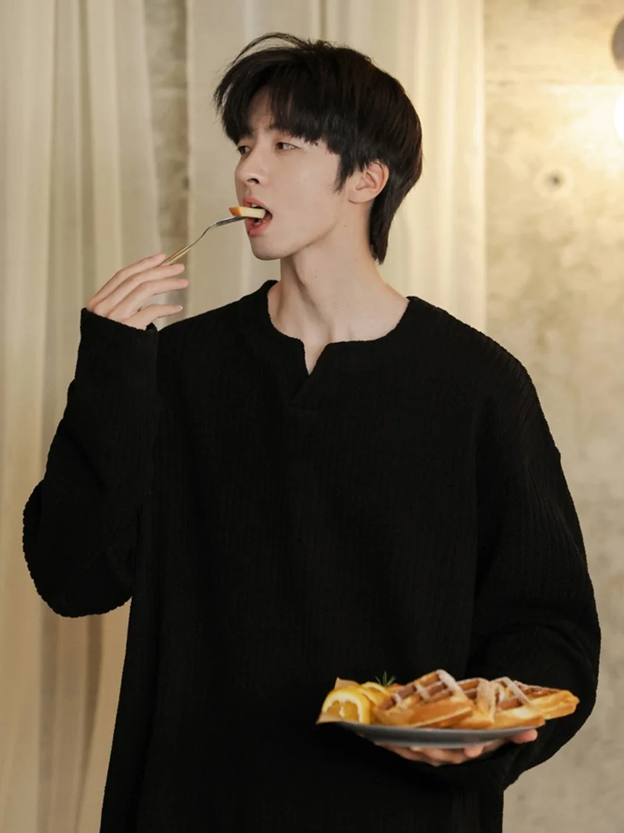 Loose Long Sleeve Men's T-shirt V-neck Base Shirt Inner Wear Casual American Style Spring Autumn New Model Textured Small V-neck