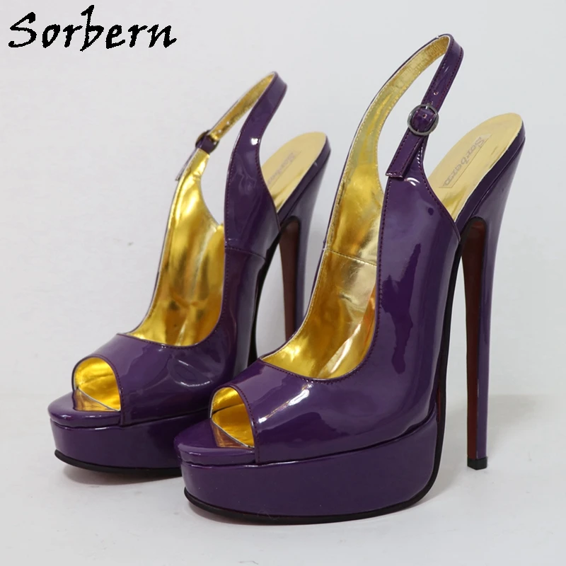 

Sorbern Purple Glossy Women Pump Shoes Slingback Open Toe Shoes Platform High Heel 20cm Stilettos Custom Color