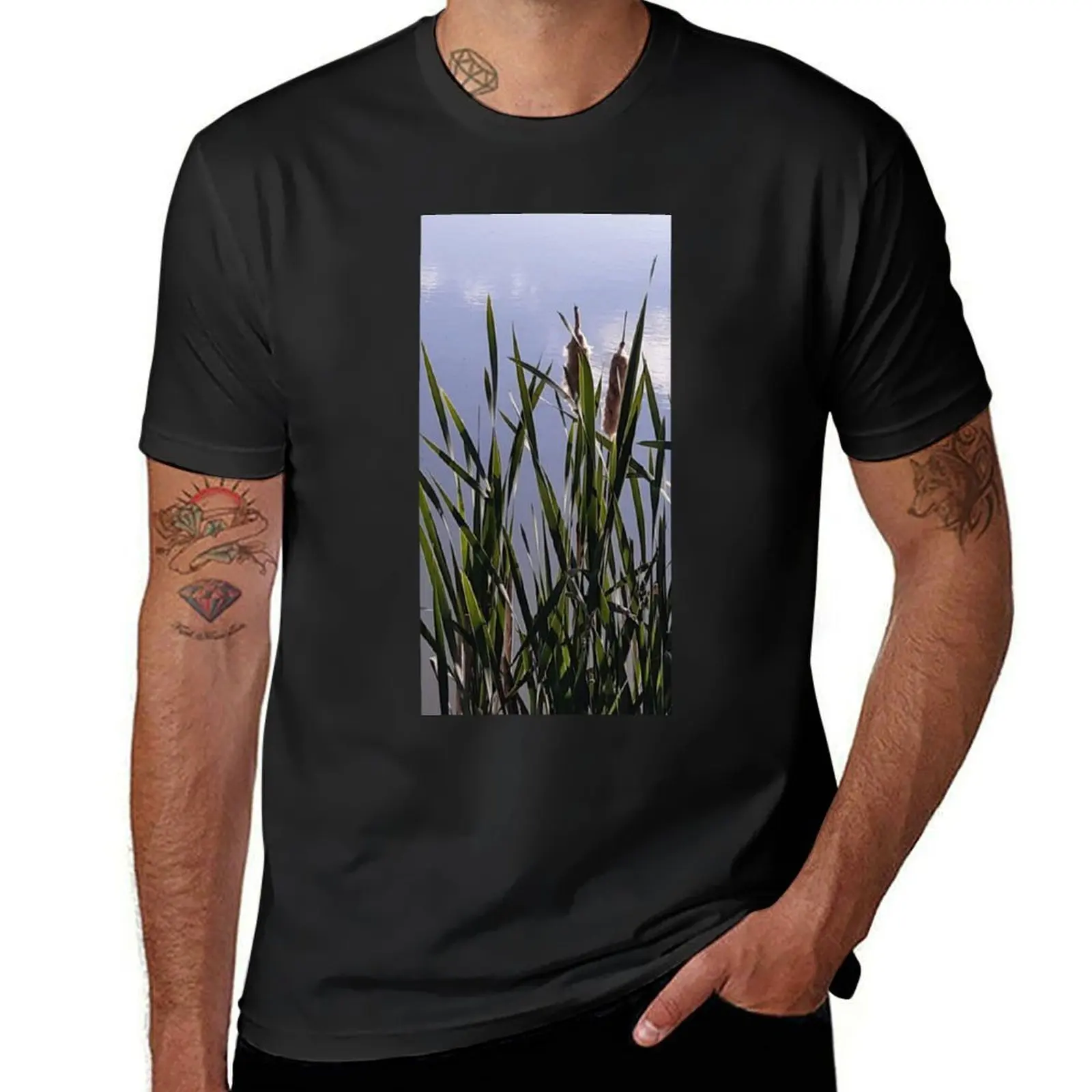 landscape, reeds, lake T-Shirt sports fans plus sizes mens cotton t shirts