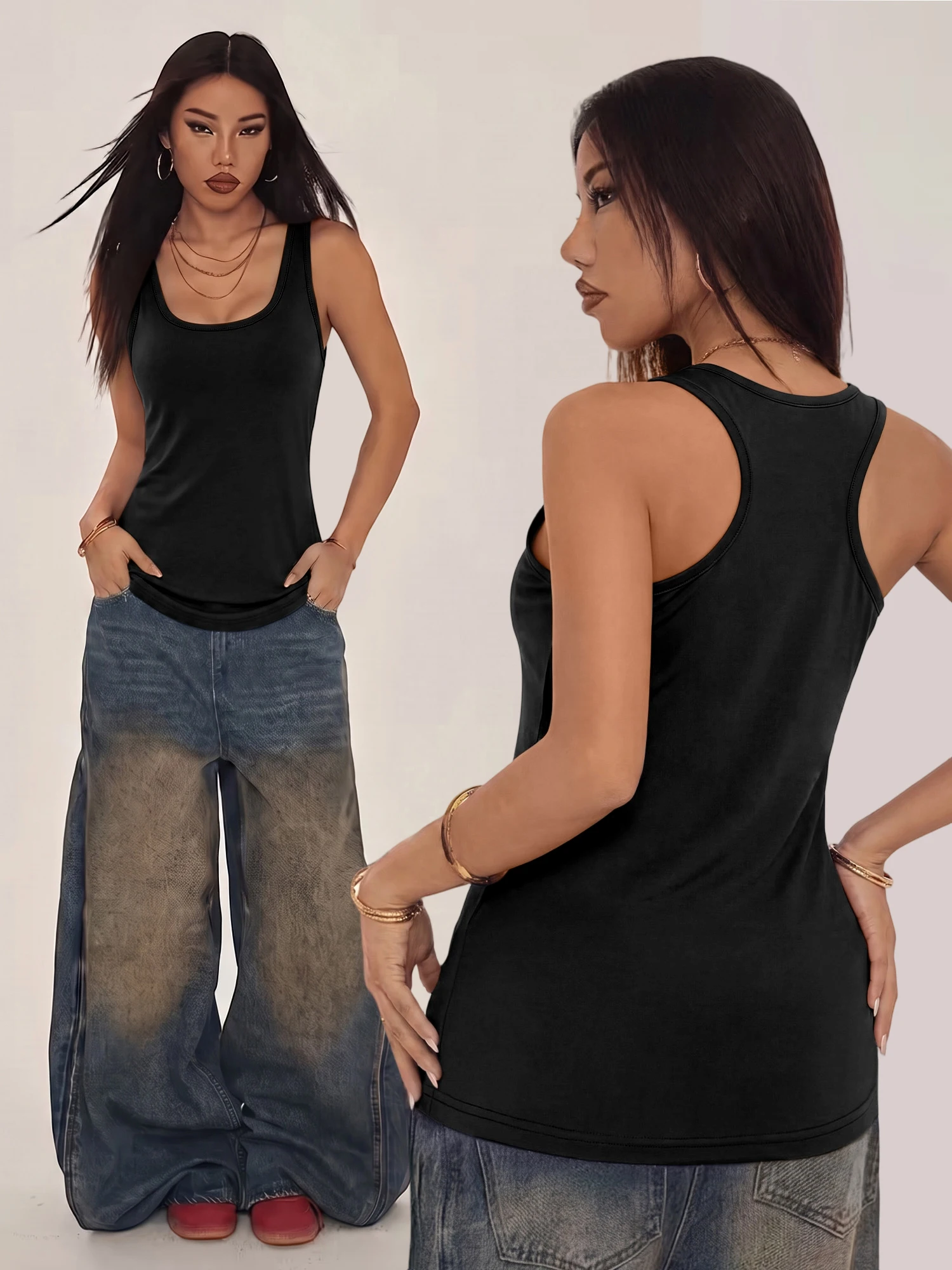 Women U-Neck Racerback Yoga Tank Top Slim Sleeveless Stretch Vest Soft Breathable Daily Workout Athletic Shirt