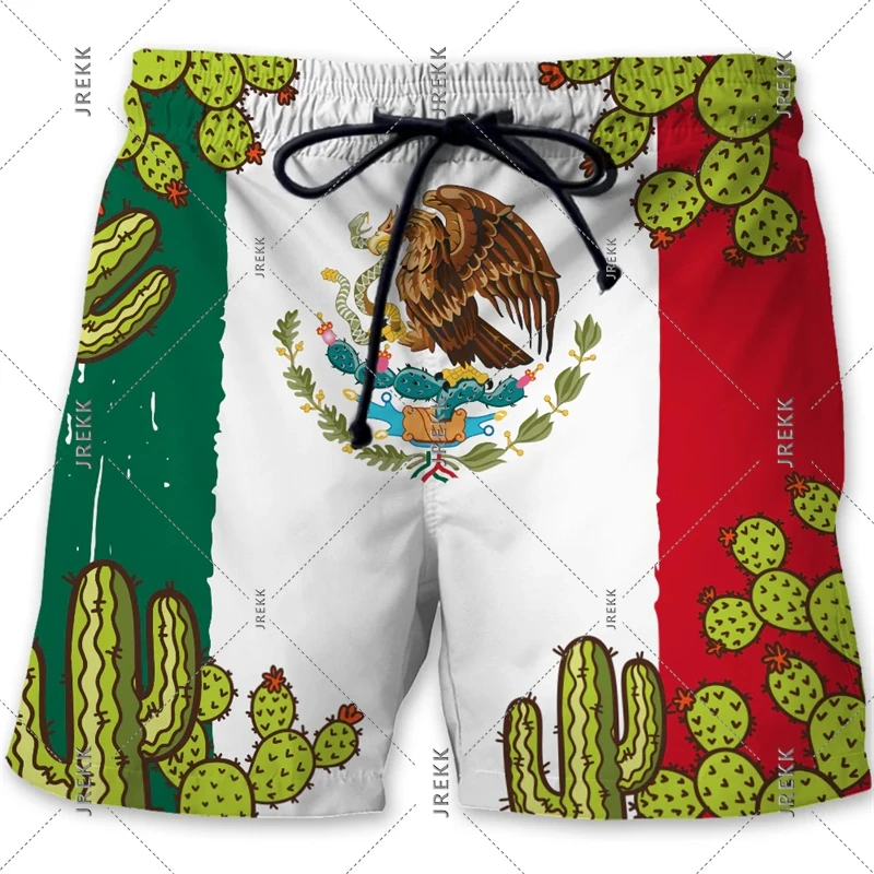 

Mexican Flag Emblem Quick Drying Board Shorts Men Mexico Stripe Symbol Drawstring Summer Fashion Streetwear Swim Beach Shorts