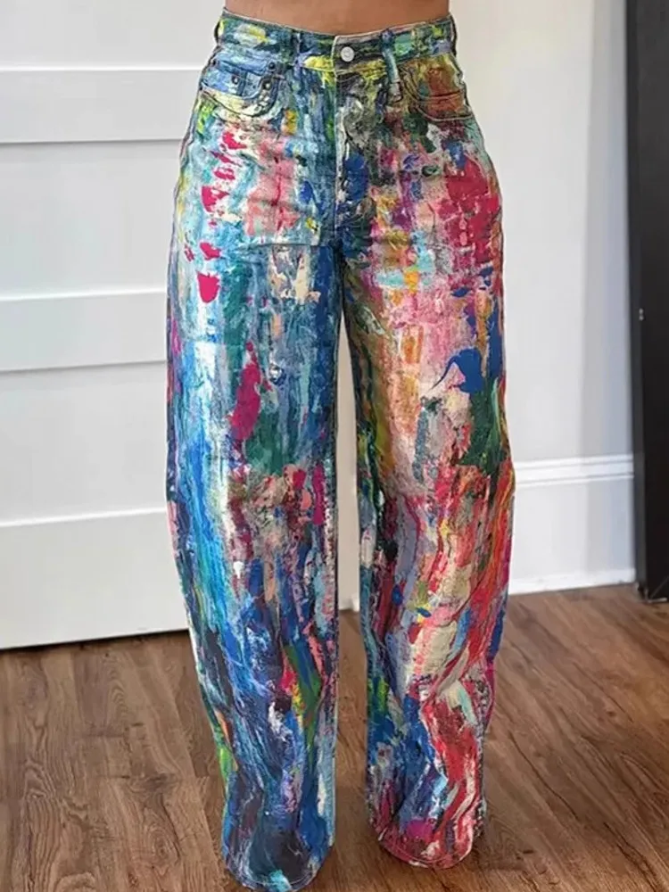 النساء عالية الخصر بنطال ذو قصة أرجل واسعة لامعة مستقيم السراويل الطويلة بالازو عادية العصرية بنطلون 2025 ربيع الخريف الشتاء بنطلون جديد #1