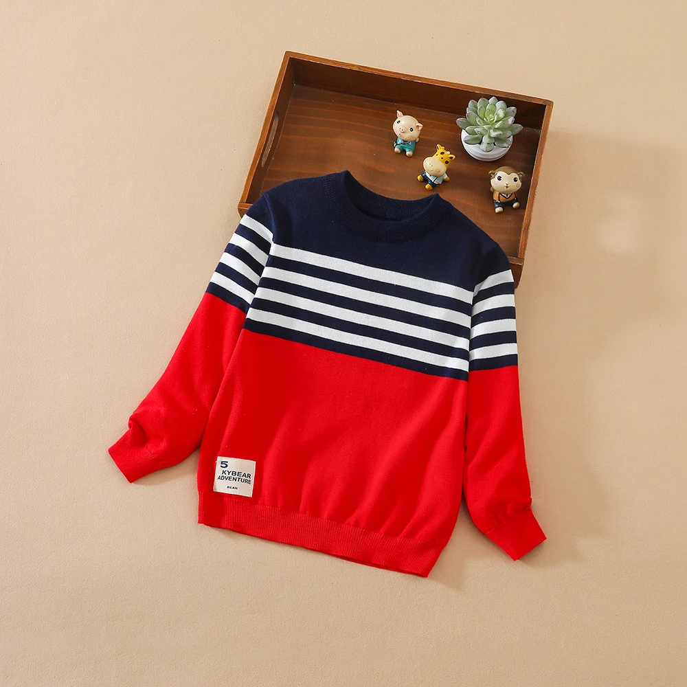 Boys Long Sleeves Sweater Kids Warm Cotton Knitted Clothing Long Sleeve Round Collar Striped Pullover Sweatshirt